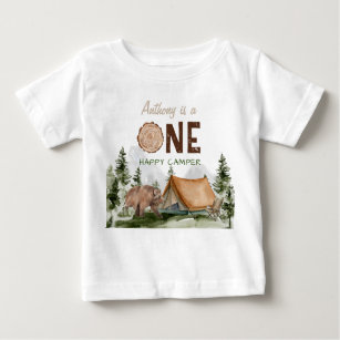 One Happy Camper Mountain Forest Bear 1st Birthday Baby T-Shirt
