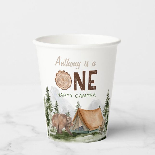One Happy Camper Mountain Forest Bear 1st Birthday Paper Cups (Front)