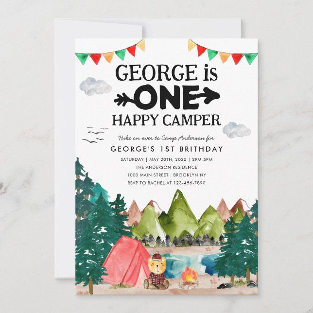 ONE Happy Camper Mountains Camping 1st Birthday Invitation (Front)