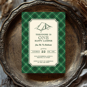 One Happy Camper Preppy Vintage Tartan Plaid Invitation
