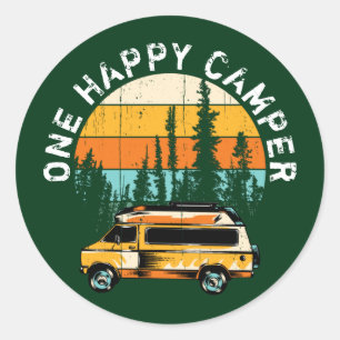 One Happy Camper Vintage Sunset w Camper & Trees Classic Round Sticker