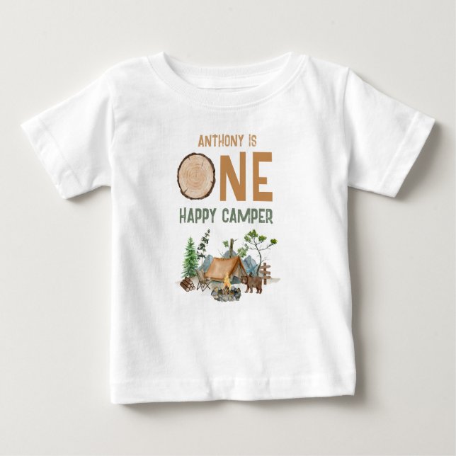 One Happy Camper Watercolor Woodland 1st Birthday Baby T-Shirt (Front)