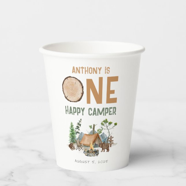 One Happy Camper Watercolor Woodland 1st Birthday Paper Cups (Front)
