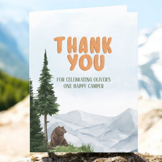 One Happy Camper Wood Boys 1st Birthday Thank You Card