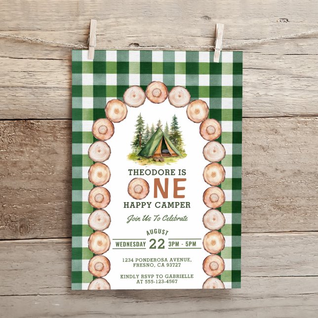 One Happy Camper Wood Slice Arch Green Plaid Invitation (Creator Uploaded)