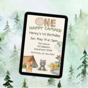 One Happy Camper Wood Watercolor Animal Birthday Invitation