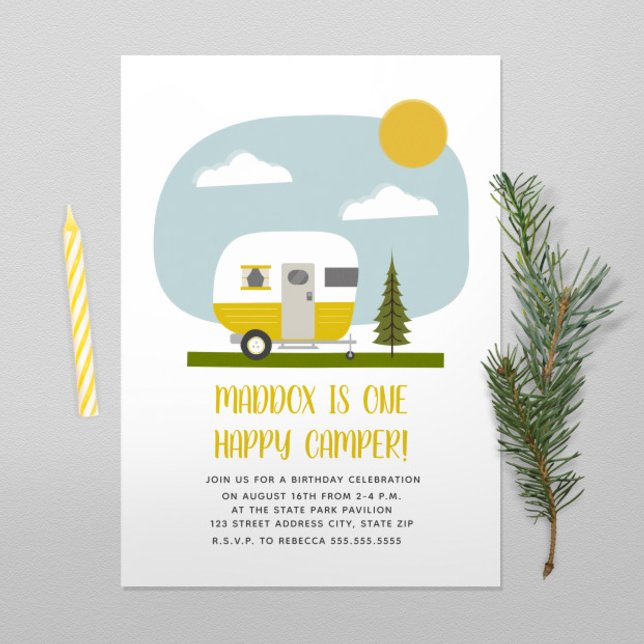 One Happy Camper Yellow Trailer Birthday Invitation (Creator Uploaded)