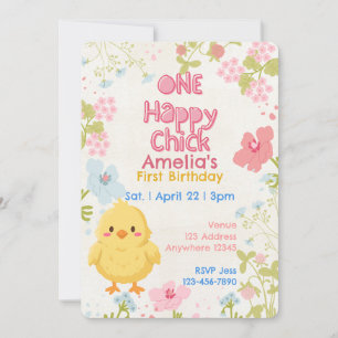 One Happy Chick, Floral 1st Birthday Invitation