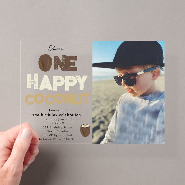 One Happy Coconut 1st Summer Birthday Photo Acrylic Invitations (Insitu (Handheld))
