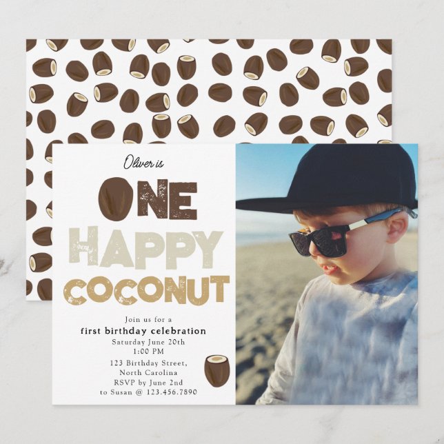One Happy Coconut 1st Summer Birthday Photo Invitation (Front/Back)
