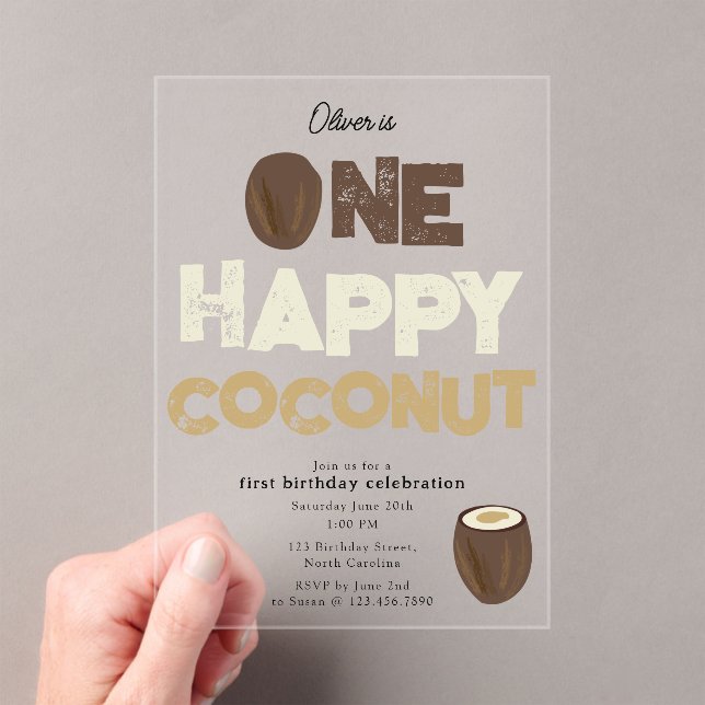 One Happy Coconut Invite 1st Summer Birthday Acrylic Invitations (Insitu (Handheld))