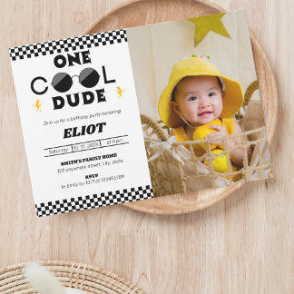 One Happy Cool Dude Boy's 1st Birthday Photo Invitation