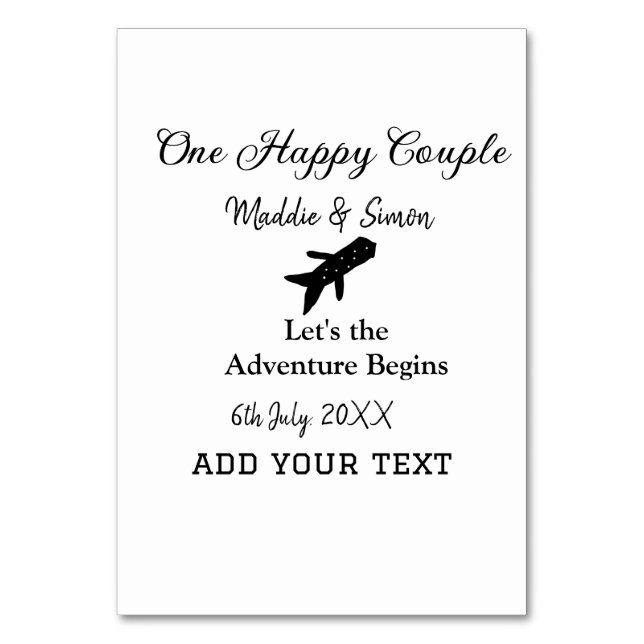One happy Couple let's adventure begins wedding co Table Number (Front)