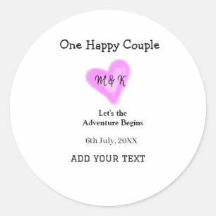 ONE HAPPY COUPLE PINK HEART WEDDING NAME DATE CLASSIC ROUND STICKER