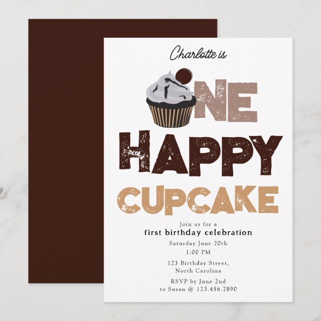 One Happy Cupcake Invite 1st First Birthday Cute (Front/Back)