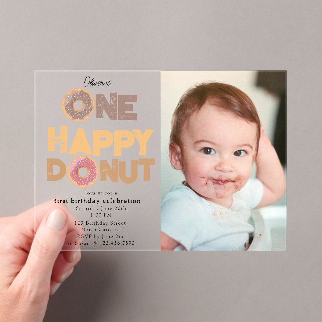 One Happy Donut Invite 1st  First Birthday Photo Acrylic Invitations (Insitu (Handheld))