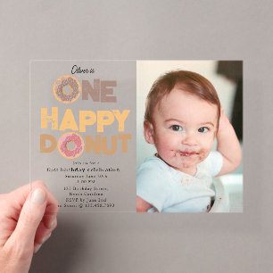 One Happy Doughnut Invite 1st  First Birthday Phot Acrylic Invitations
