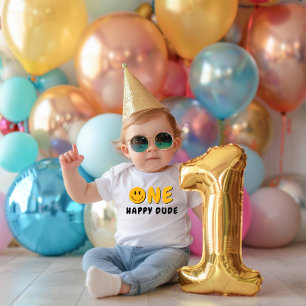 One Happy Dude 1st Birthday Orange Smiley Baby Bodysuit