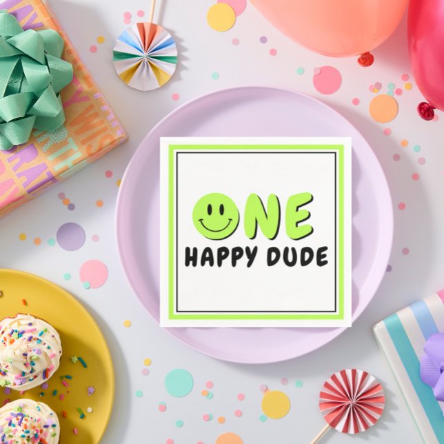 One Happy Dude 1st Birthday Party Green Smiley Napkin (Creator Uploaded)