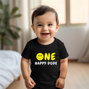 One Happy Dude 1st Birthday Yellow Smiley Baby T-Shirt