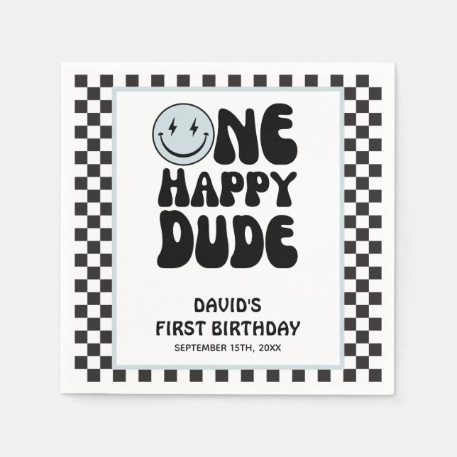 One Happy Dude Blue Cute Boy First Birthday  Napkin (Front)