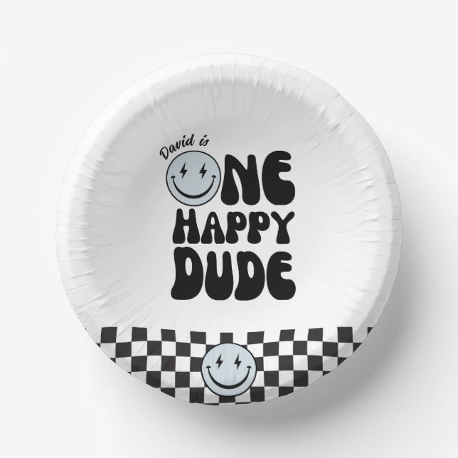 One Happy Dude Blue Happy Face Birthday Paper Plate (Front)