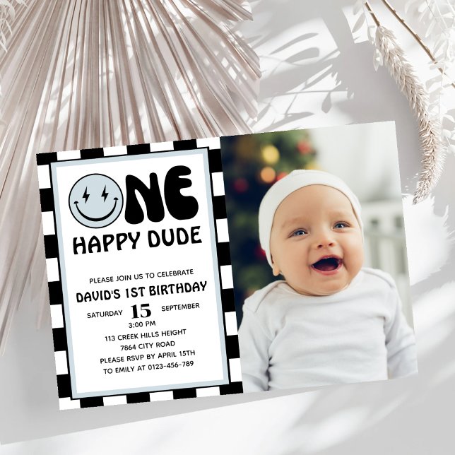 One Happy Dude Blue Happy Face Boy Birthday Photo Invitation (Creator Uploaded)