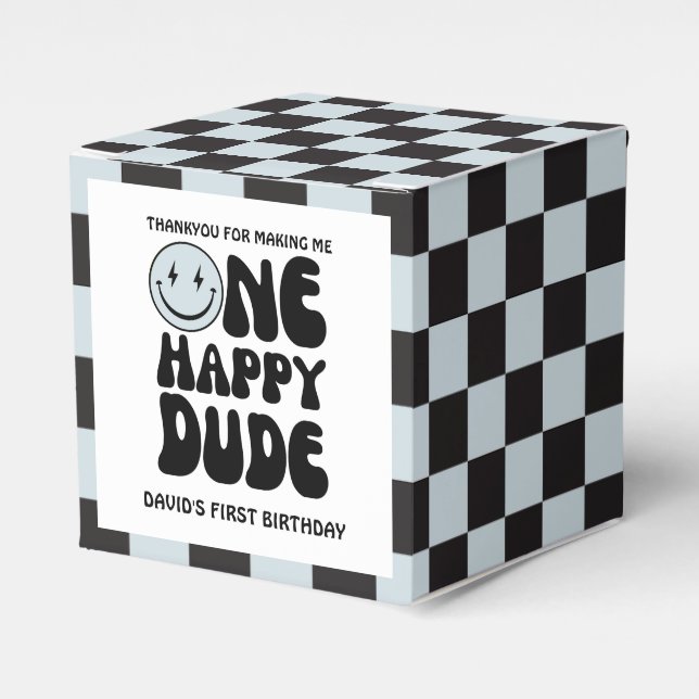 One Happy Dude Blue Happy Face Boy First Birthday Favor Box (Front Side)
