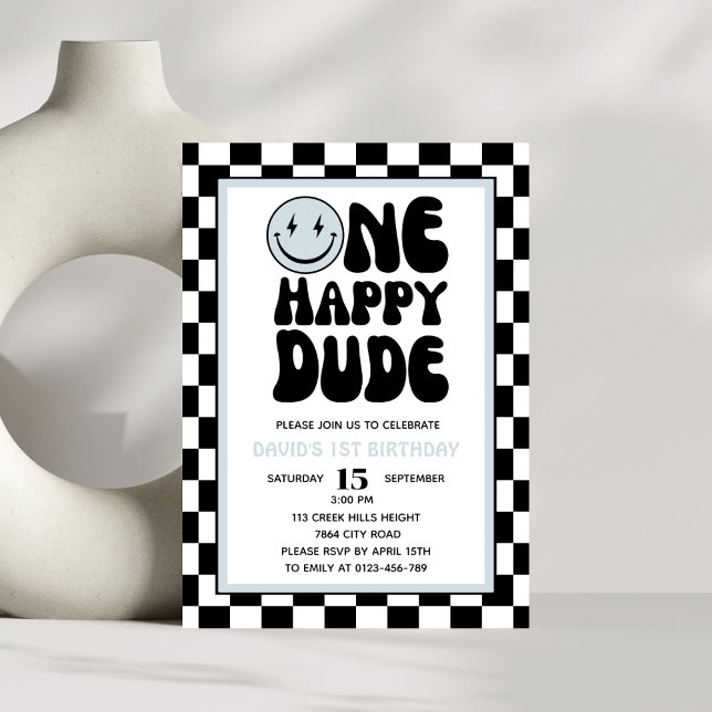 One Happy Dude Blue Happy Face Boy First Birthday  Invitation (Creator Uploaded)