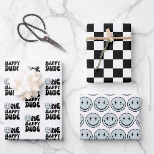 One Happy Dude Blue Happy Face Boy First Birthday  Wrapping Paper Sheet