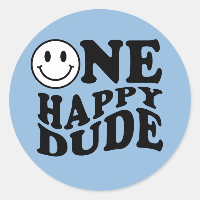 One Happy Dude Blue Preppy Smile First Birthday  Classic Round Sticker (Front)