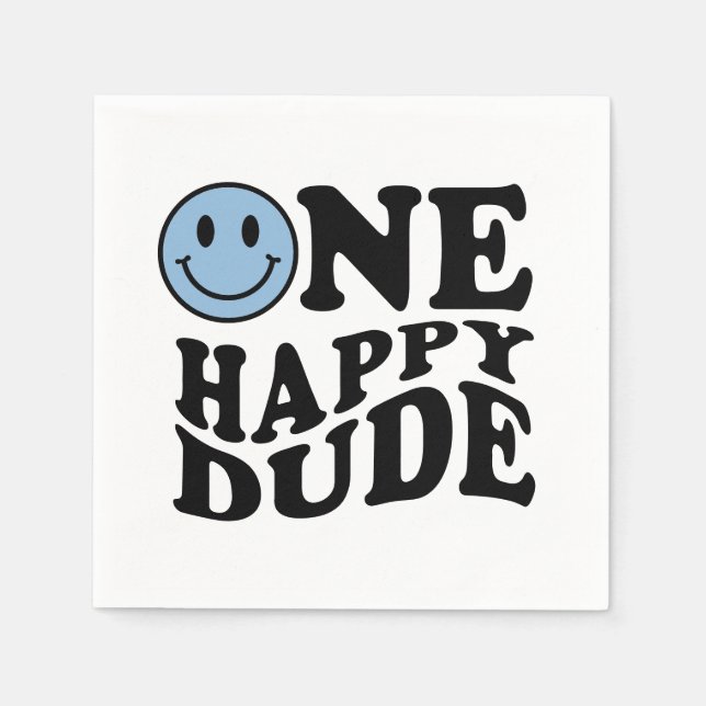 One Happy Dude | Blue Retro Preppy Smile Birthday Napkin (Front)