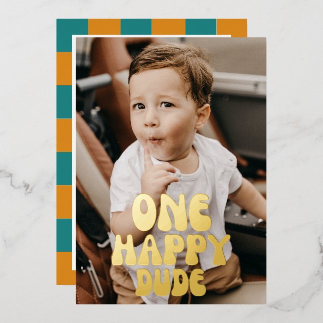  One Happy Dude Boy 1st Birthday Photo Emoji Gold (Front/Back)