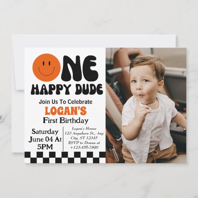 One Happy Dude Boy 1st Birthday Photo Invitation (Front)