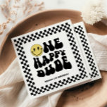 One Happy Dude | Boys Rad Kids 1st Birthday Napkin<br><div class="desc">Are you celebrating your happy little dude? Explore our collection of fun and totally rad birthday stationery and party supplies for the ultimate first birthday celebration! This design features a stellar smile,  groovy typography and black and white chequered patterns! Perfect for your birthday party table setting.</div>
