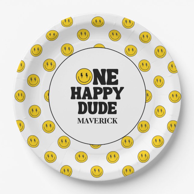One Happy Dude Boy's Retro 1st Birthday  Paper Plate (Front)