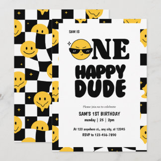 One happy dude chequered happy emoji 1st birthday  invitation