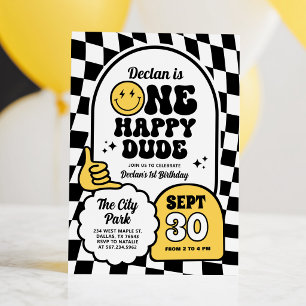 One Happy Dude Chequered Smile Boy 1st Birthday Invitation