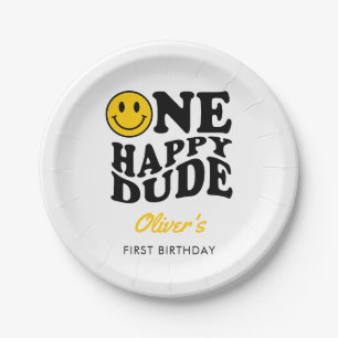 One Happy Dude Cute Retro Happy Face 1st Birthday Paper Plate