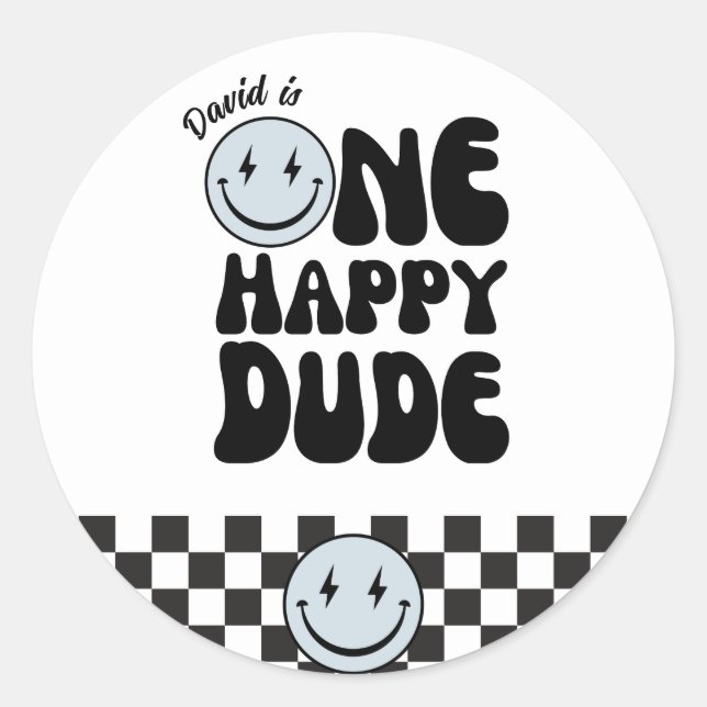 One Happy Dude First Birthday Happy Face  Classic Round Sticker (Front)