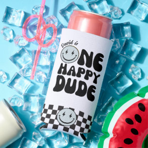 One Happy Dude First Birthday Happy Face  Seltzer Can Cooler