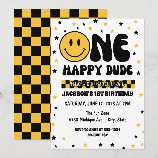 ONE Happy Dude First Birthday Invitation (Front/Back)