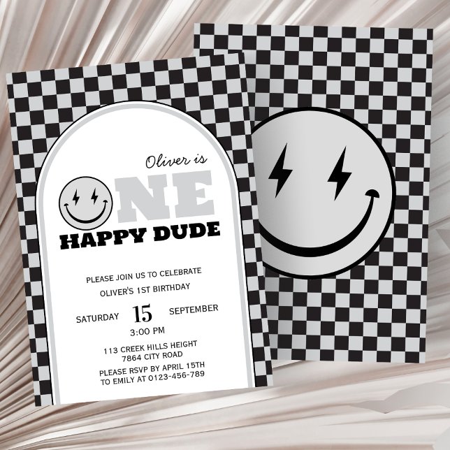 One Happy Dude Grey Check First Birthday Invitation (Creator Uploaded)