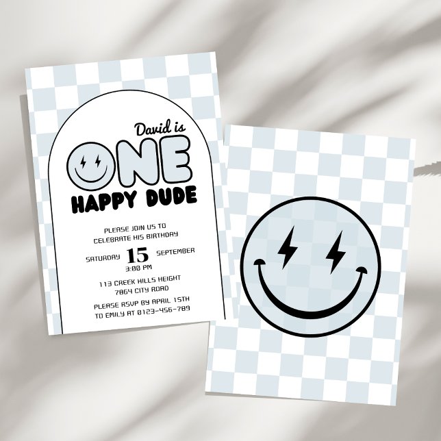 One Happy Dude Groovy Blue Boy Birthday Invitation (Creator Uploaded)