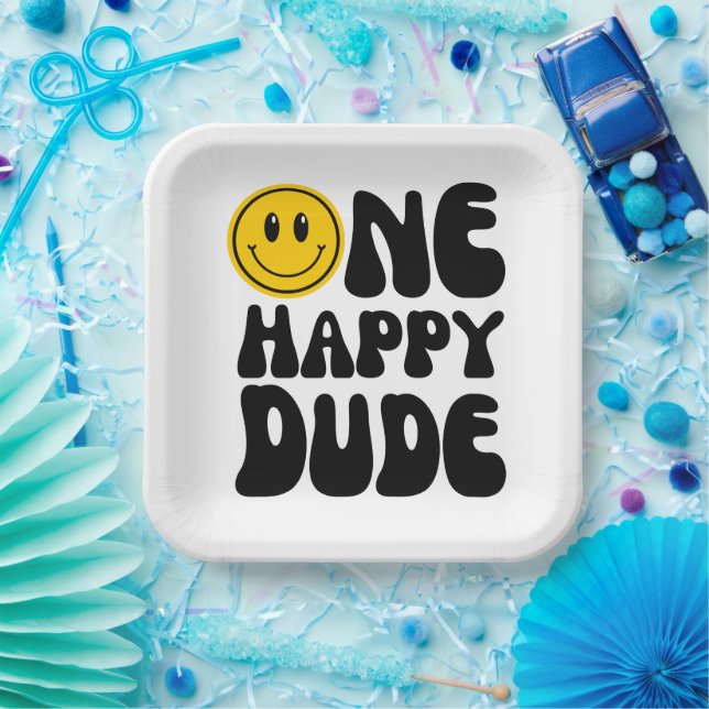 One Happy Dude Groovy Happy Face Boy Birthday Paper Plate (Party)