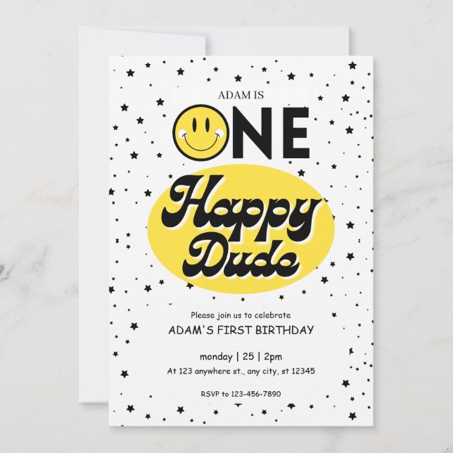 one happy dude happy emoji 1st birthday boy invitation (Front)