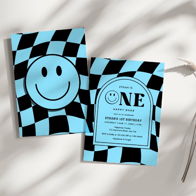 One Happy Dude Happy Face Blue Boy 1st Birthday  Invitation (One Happy Dude Happy Face Blue Boy 1st Birthday Invitation )