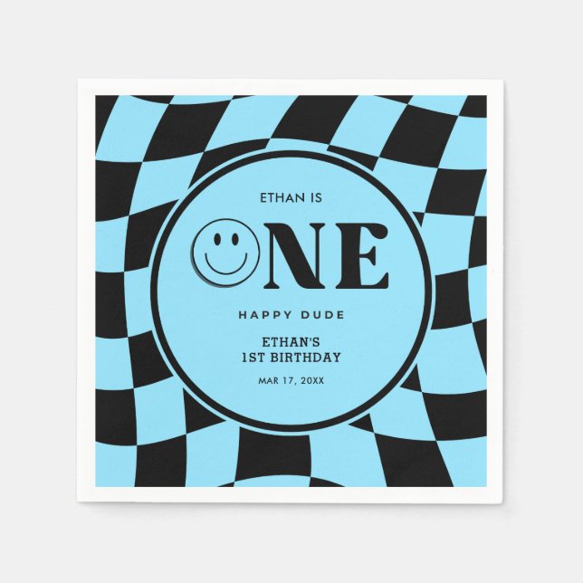 One Happy Dude Happy Face Blue Boy 1st Birthday  Napkin (Front)