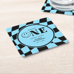 One Happy Dude Happy Face Blue Boy 1st Birthday Square Paper Coaster