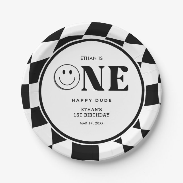 One Happy Dude Happy Face Boy 1st Birthday  Paper Plate (Front)